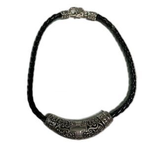 Vtg Leather & Silver Metal Cross Choker Necklace 16" Slide Pendant Lobster Clasp